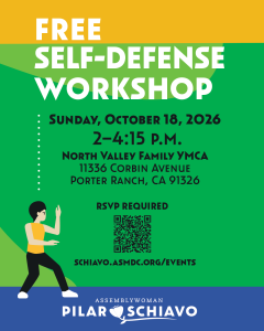 Free Self-Defense Workshop on Sunday, October 10, 2026 from 2:00 to 4:15 pm at North Valley Family YMCA 11336 Corbin Ave, Porter Ranch, CA 91326 RSVP required schiavo.asmde.org/events