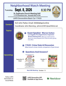 LAPD Neighborhood Watch Meeting, Tuesday, September 8, 2026 at 6:30 pm at St. Euphrasia Church Meeting Hall, 11779 Shoshone Avenue 