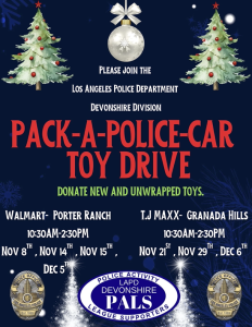 November 8th to December 6th 2026 LAPD PALS Toy Drive
Donate Unwrapped toys